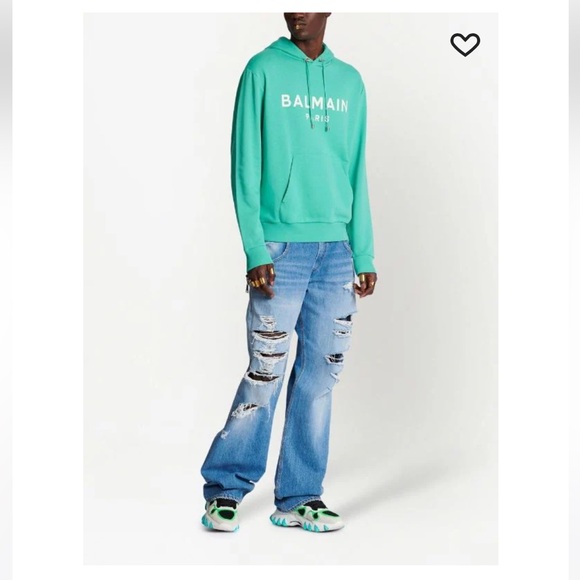 Balmain Unisex logo-print hoodie with kangaroo pocket see green white large - Picture 2 of 16